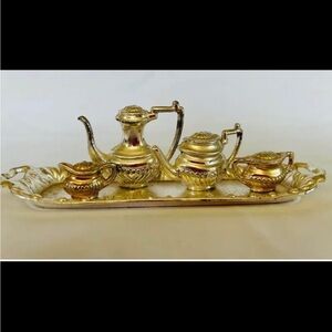 Silver Miniature Tea Set on Decorative Tray - Home Kitchen Accent